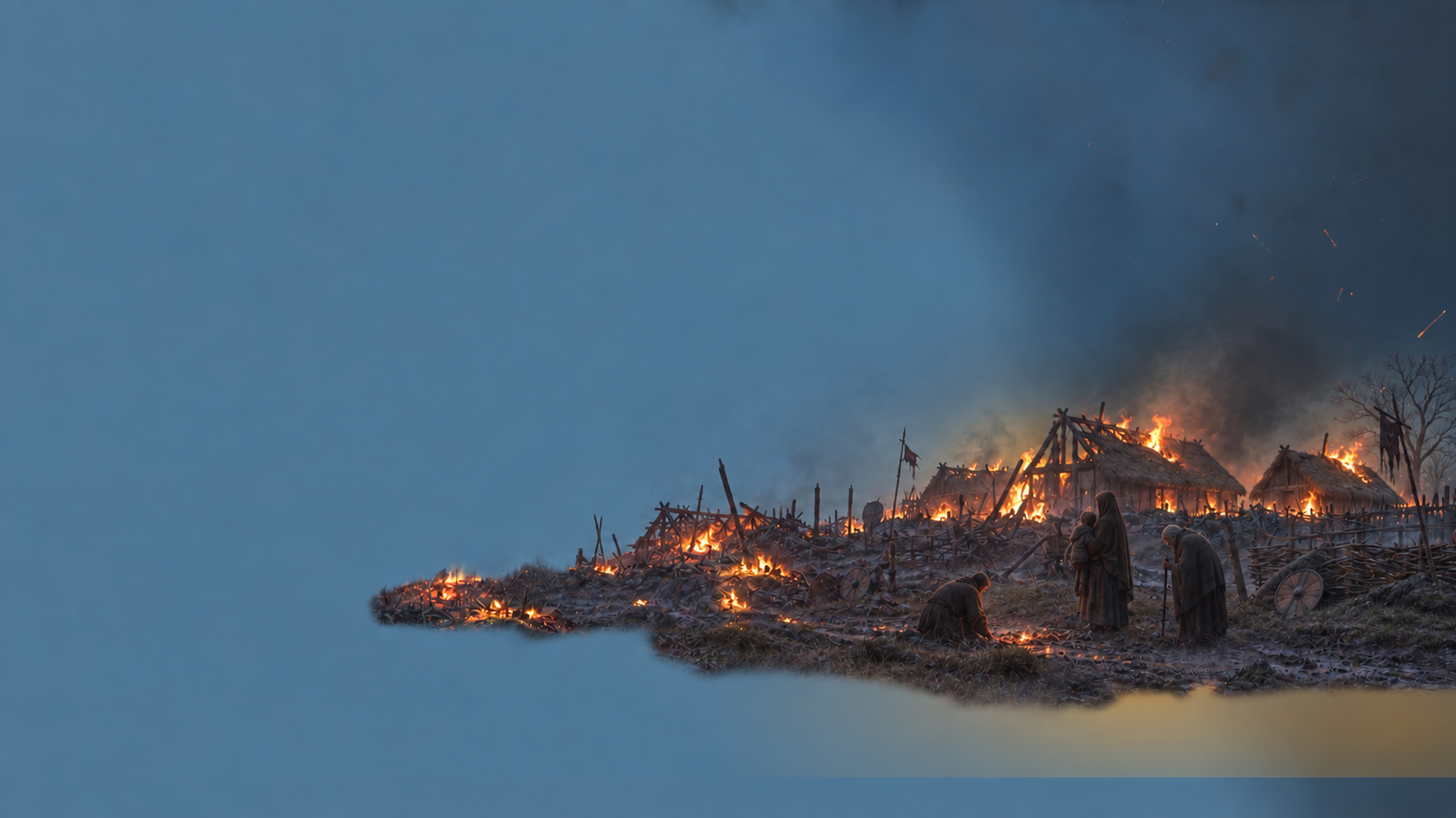A Saxon settlement burning beside dark water